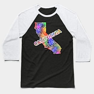 Colorful mandala art map of California with text in multicolor pattern Baseball T-Shirt